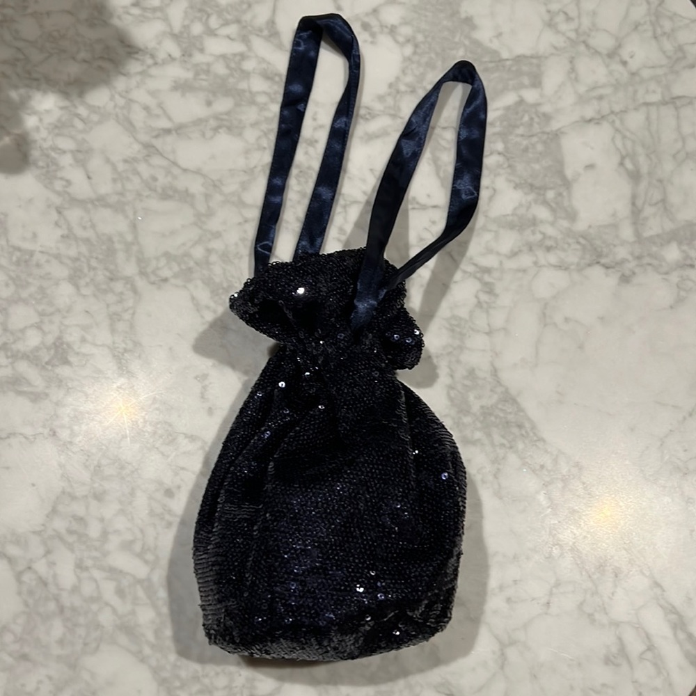 Cinq a Sept Navy Sequin Pouch Handbag. NWT